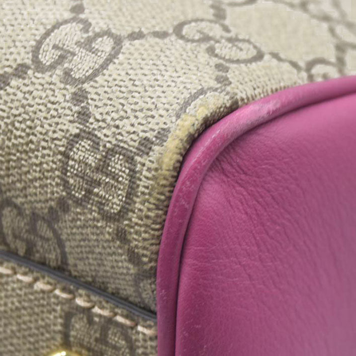 $2980 Gucci GG Supreme Monogram Moon Calfskin Small Boston Beige Ebony Hibiscus Red New Rosette