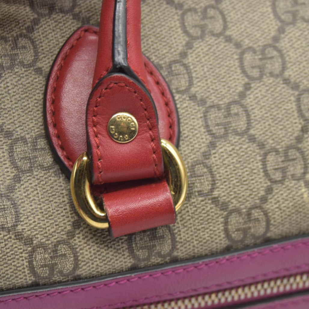 $2980 Gucci GG Supreme Monogram Moon Calfskin Small Boston Beige Ebony Hibiscus Red New Rosette