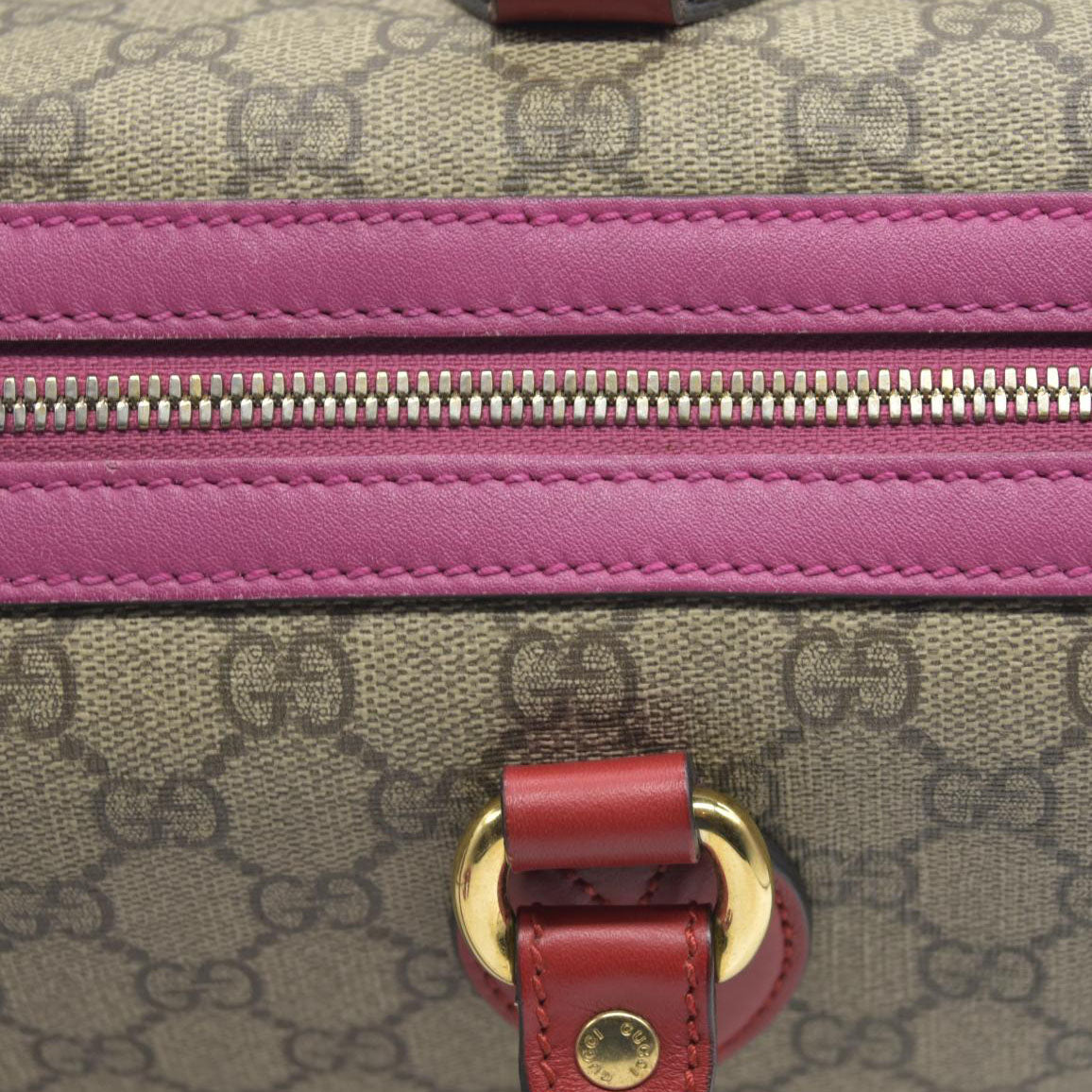 $2980 Gucci GG Supreme Monogram Moon Calfskin Small Boston Beige Ebony Hibiscus Red New Rosette