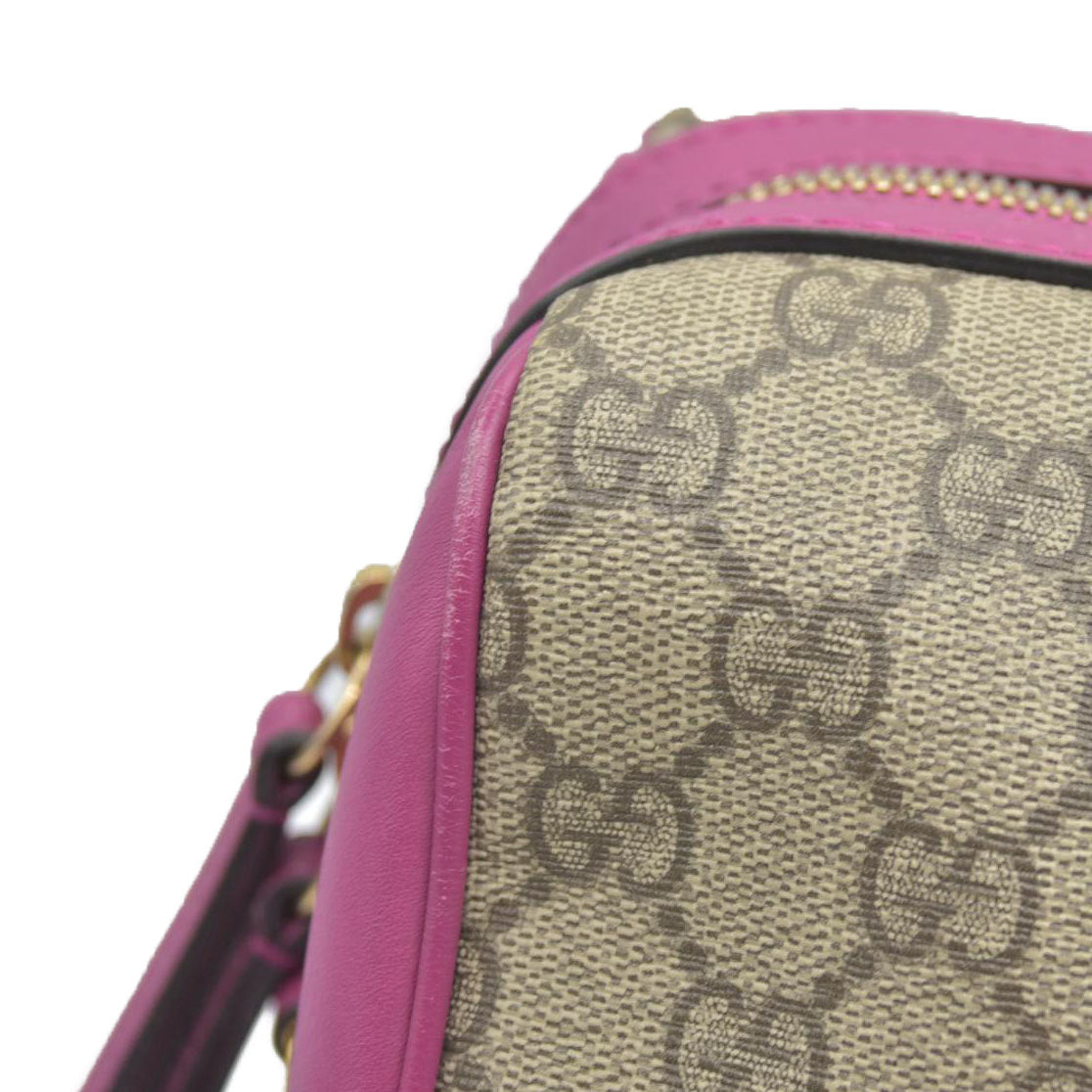 $2980 Gucci GG Supreme Monogram Moon Calfskin Small Boston Beige Ebony Hibiscus Red New Rosette