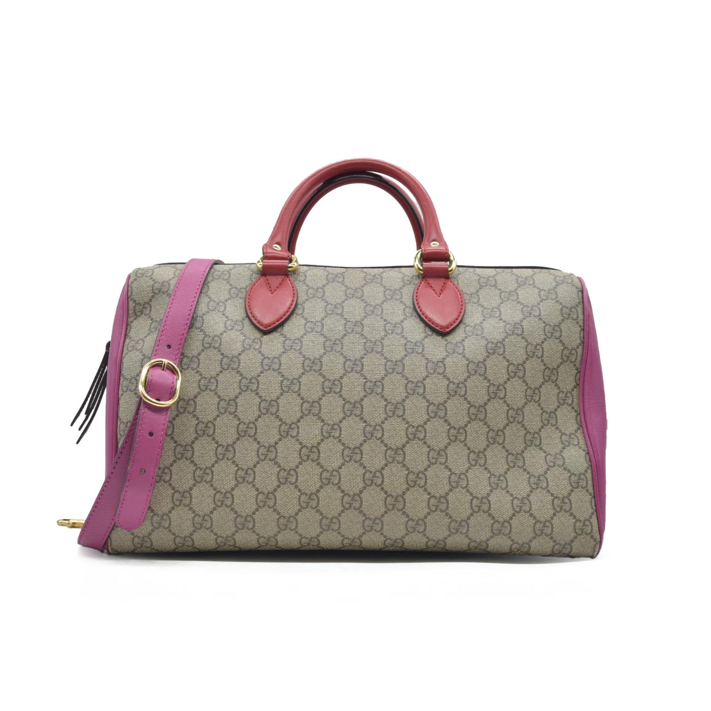 $2980 Gucci GG Supreme Monogram Moon Calfskin Small Boston Beige Ebony Hibiscus Red New Rosette