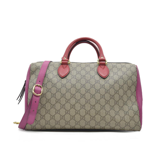 $2980 Gucci GG Supreme Monogram Moon Calfskin Small Boston Beige Ebony Hibiscus Red New Rosette