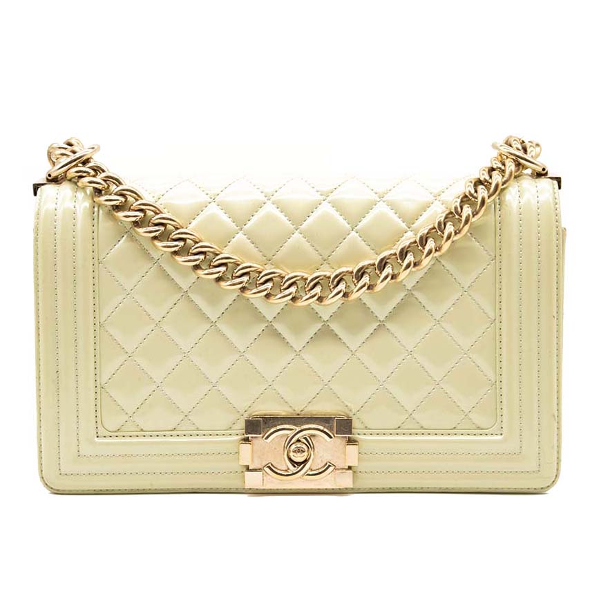 CHANEL Chanel Mint Green Quilted Patent Leather Medium Boy Flap Bag