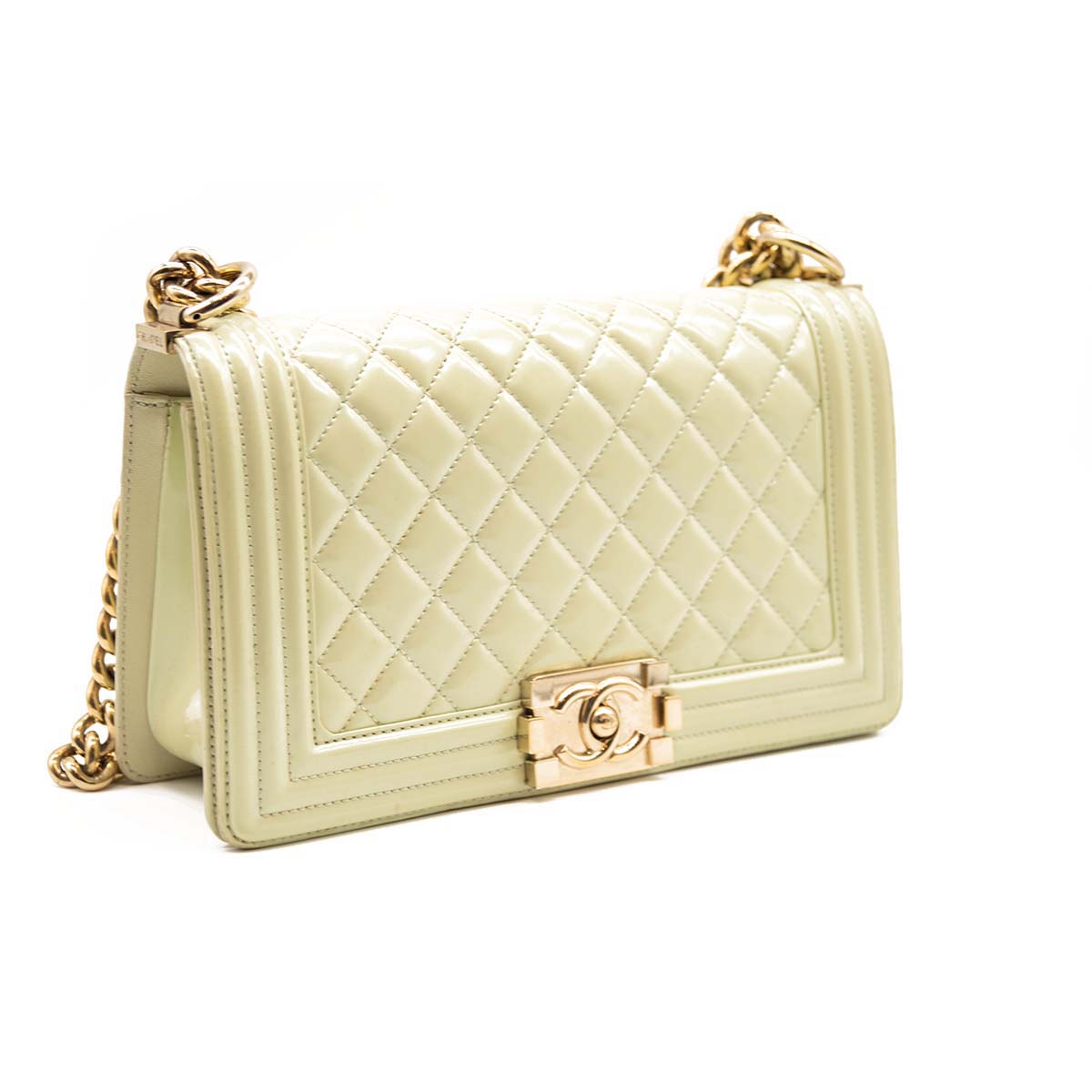 CHANEL Chanel Mint Green Quilted Patent Leather Medium Boy Flap Bag