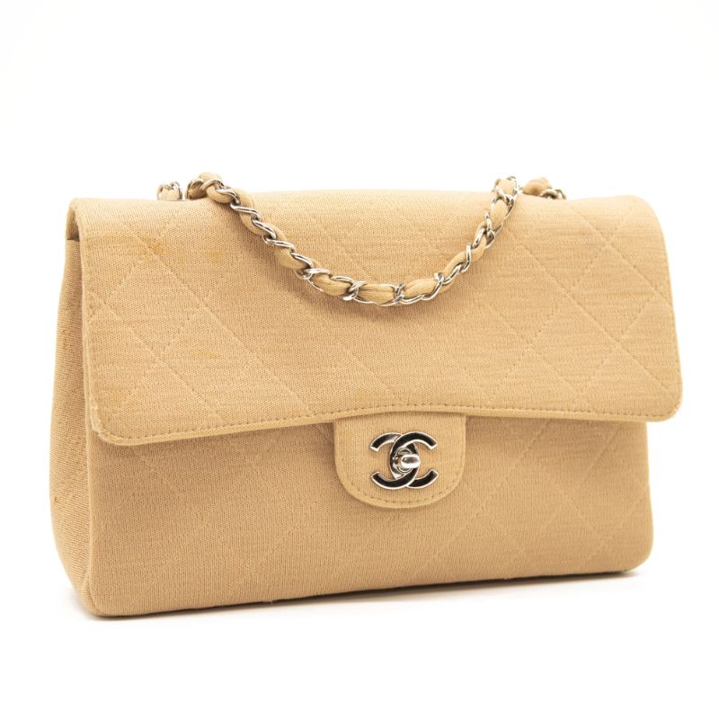 Chanel Single Flap Monogram Jersey Quilted Chain Shoulder Bag Beige 1997-1999