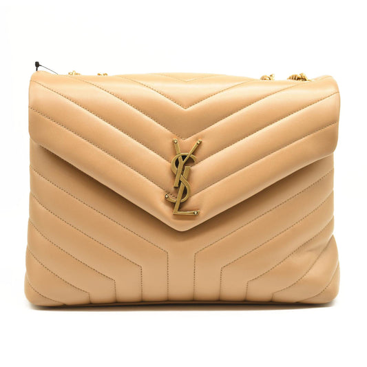 SAINT LAURENT Calfskin Y Quilted Monogram Medium Loulou Chain Satchel Nude Powder