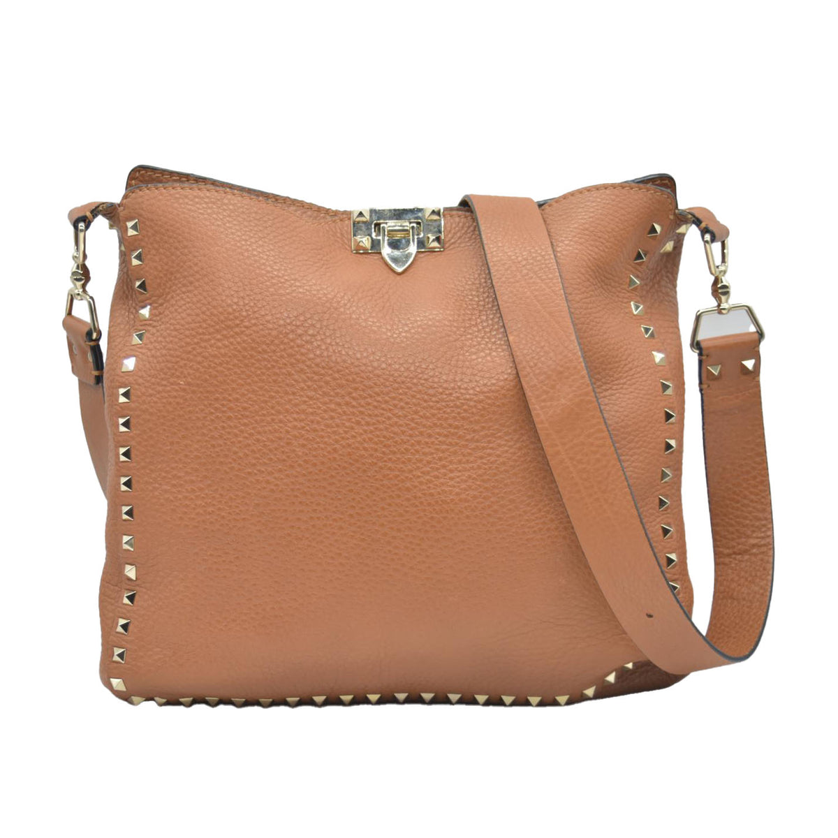 $2275 Valentino Pebbled Calfskin Small Rockstud Flip-Lock Messenger Bag Brown