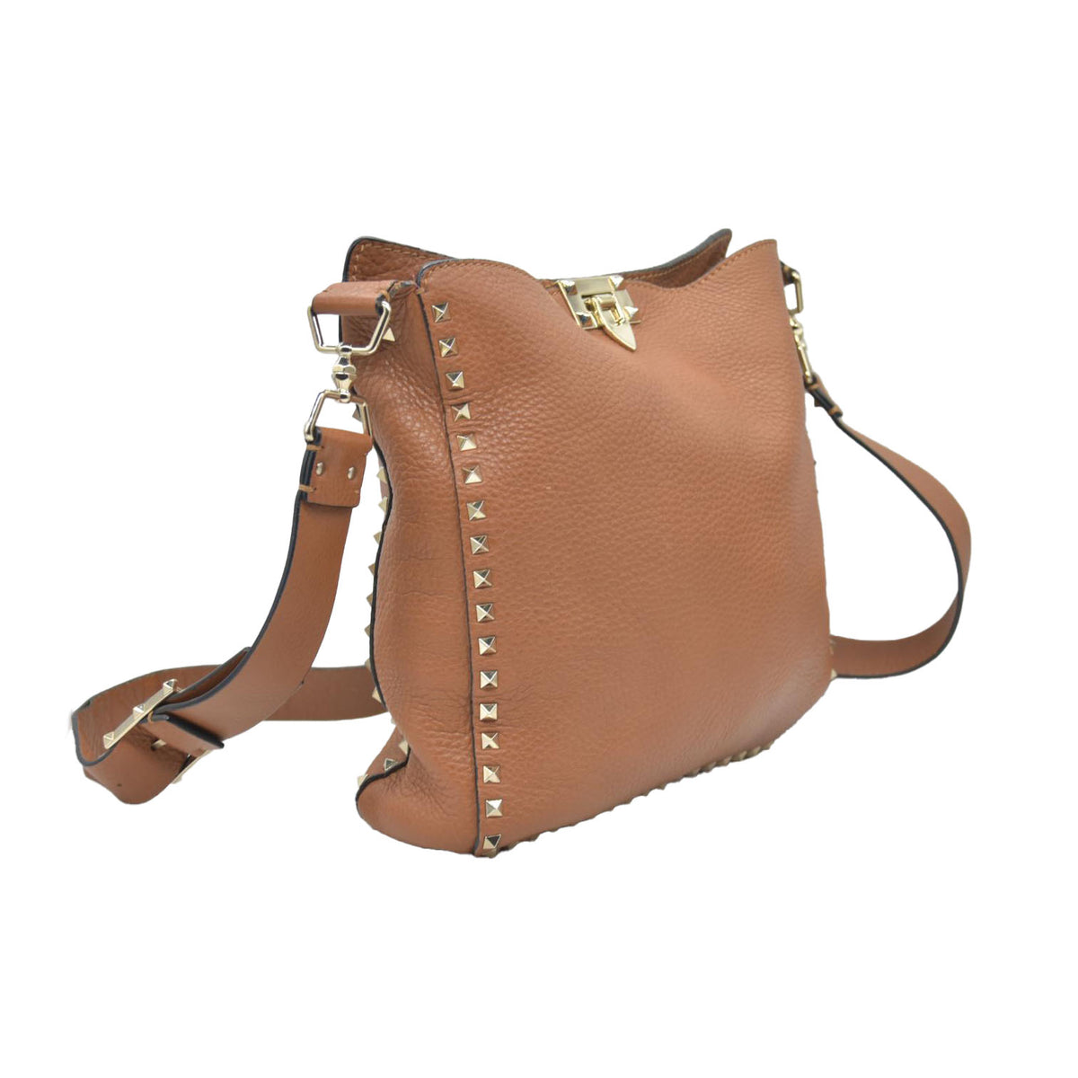 $2275 Valentino Pebbled Calfskin Small Rockstud Flip-Lock Messenger Bag Brown