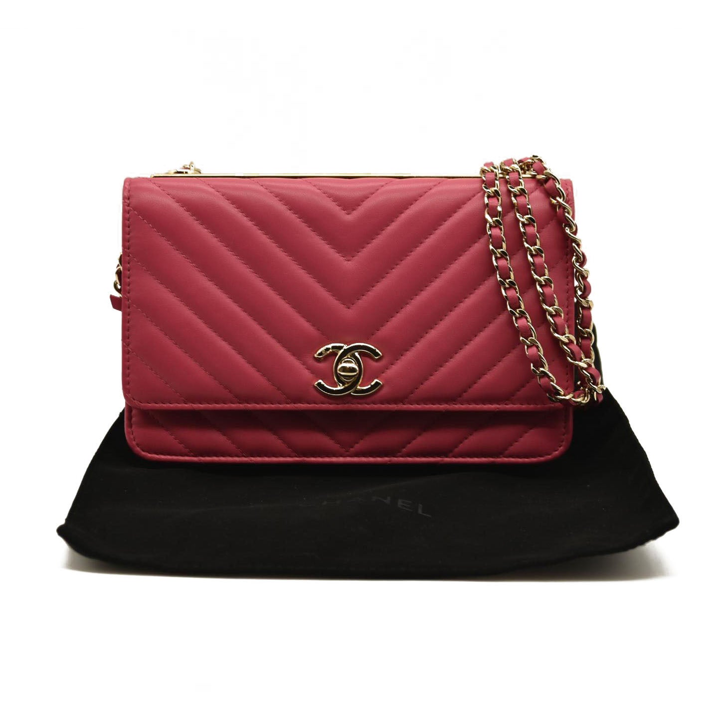 Chanel  Lambskin Chevron Quilted Trendy CC Wallet On Chain WOC Pink 28*