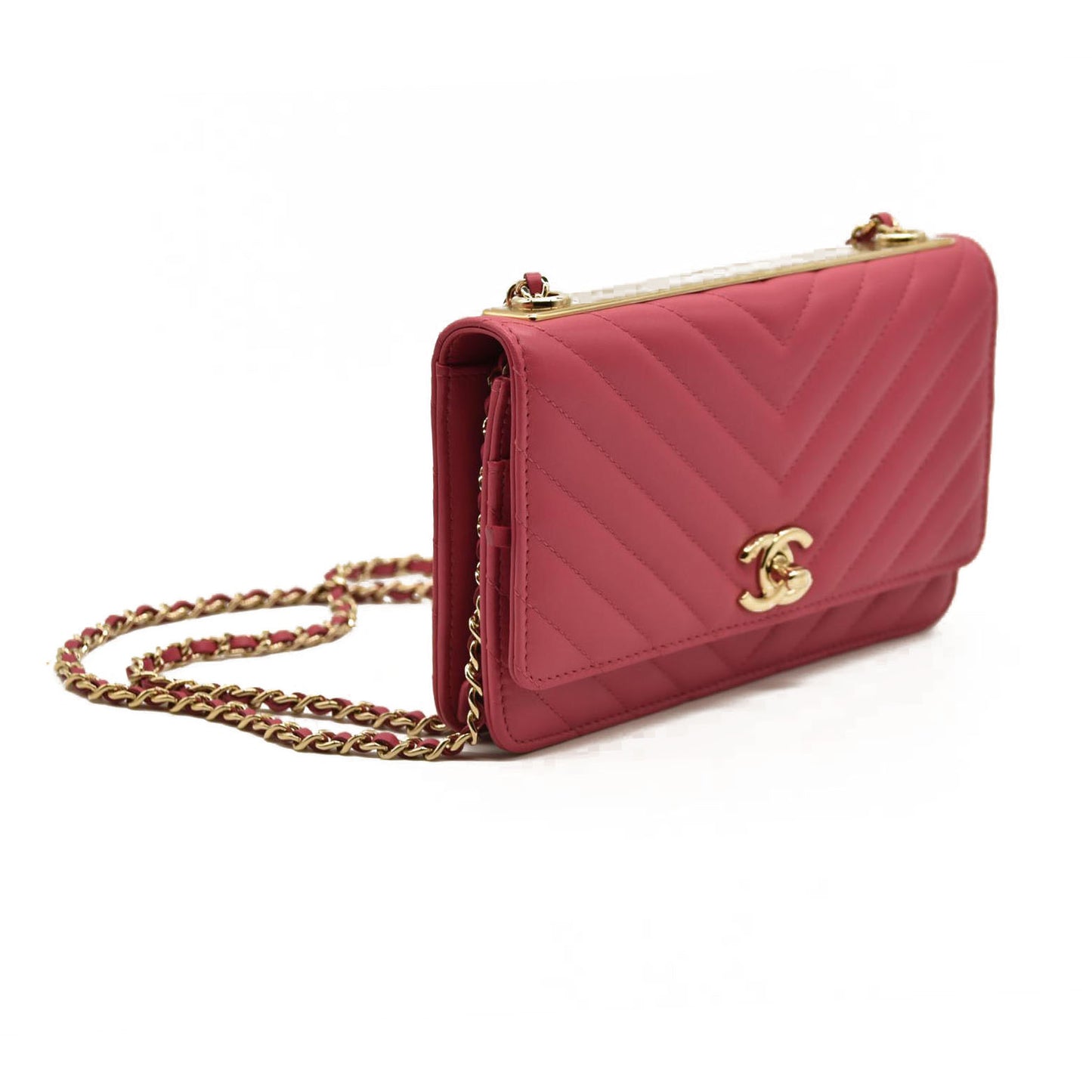 Chanel  Lambskin Chevron Quilted Trendy CC Wallet On Chain WOC Pink 28*