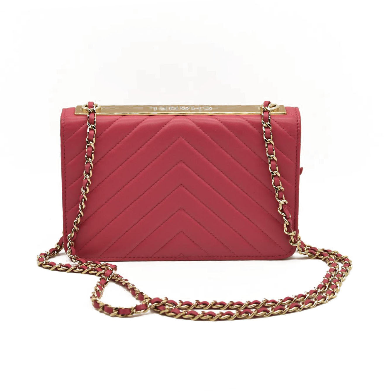 Chanel  Lambskin Chevron Quilted Trendy CC Wallet On Chain WOC Pink 28*