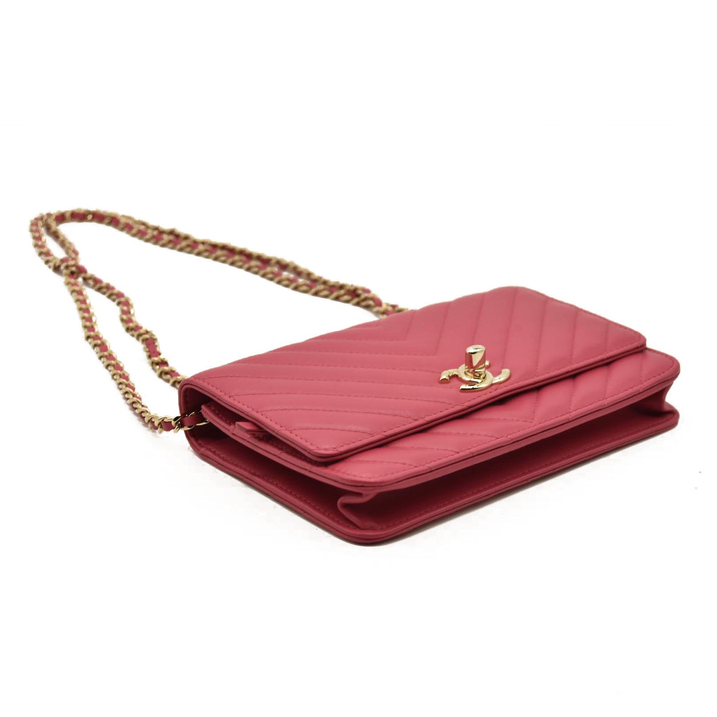 Chanel  Lambskin Chevron Quilted Trendy CC Wallet On Chain WOC Pink 28*