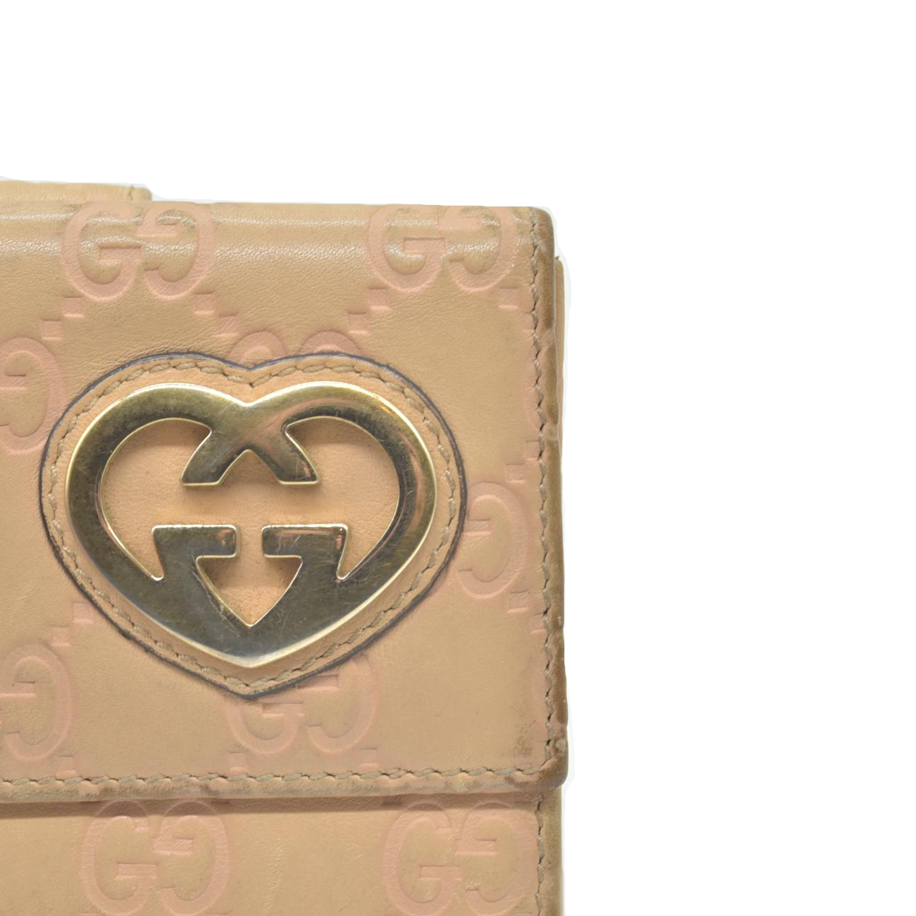 $590 GUCCI Lovely Heart GG Logo Leather Bifold Wallet Beige