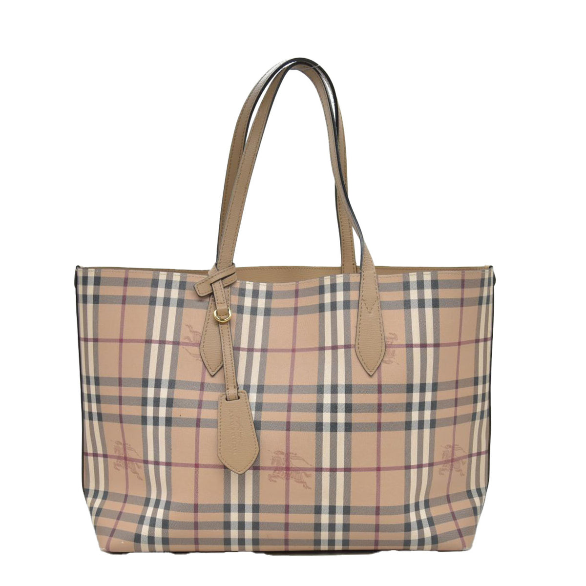 $995 Burberry Grainy Calfskin Haymarket Check Medium Reversible Tote