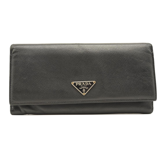 USED PRADA Saffiano Metal Continental Flap Wallet Black
