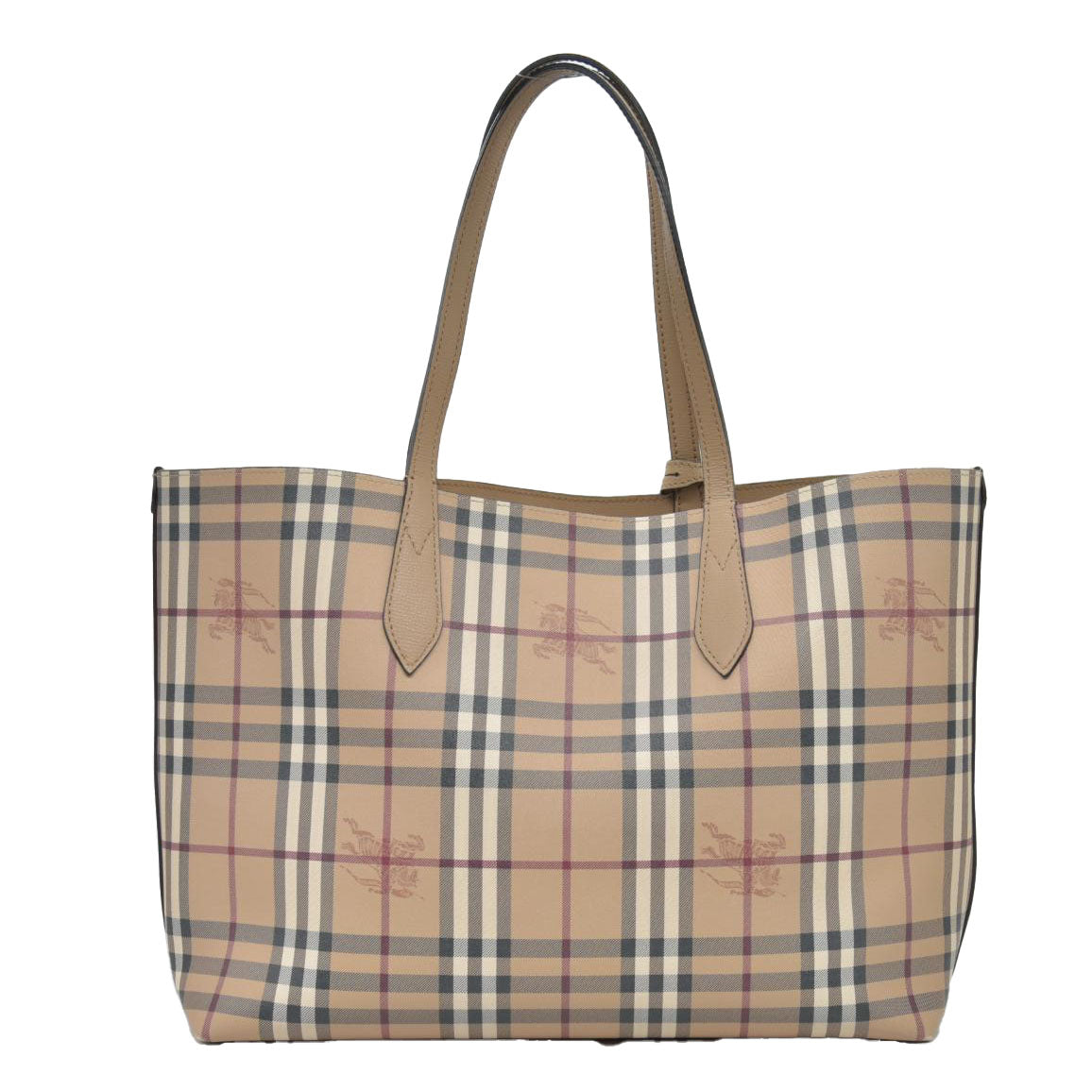 $995 Burberry Grainy Calfskin Haymarket Check Medium Reversible Tote