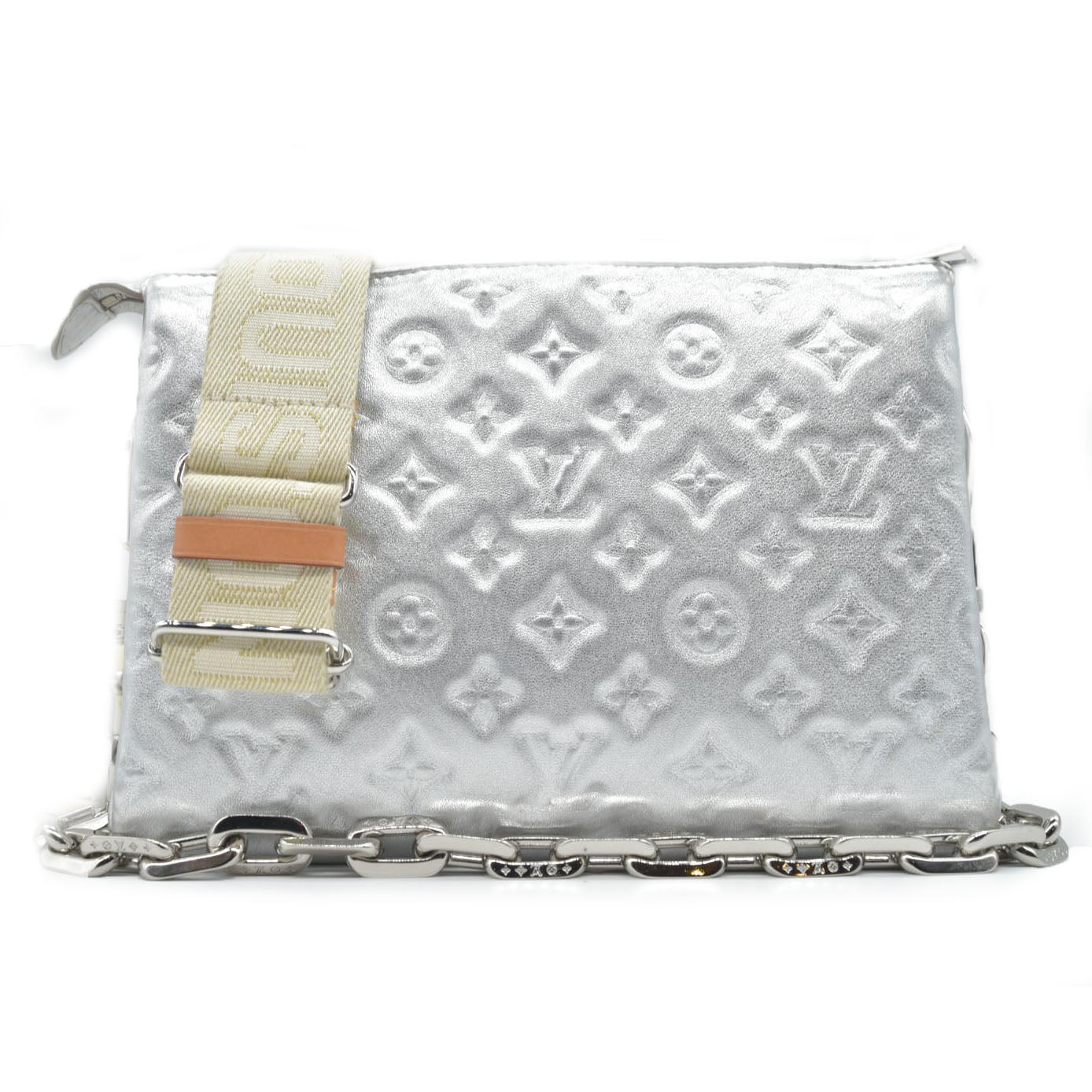 $4800 Louis Vuitton Metallic Lambskin Embossed Monogram Coussin PM Silver