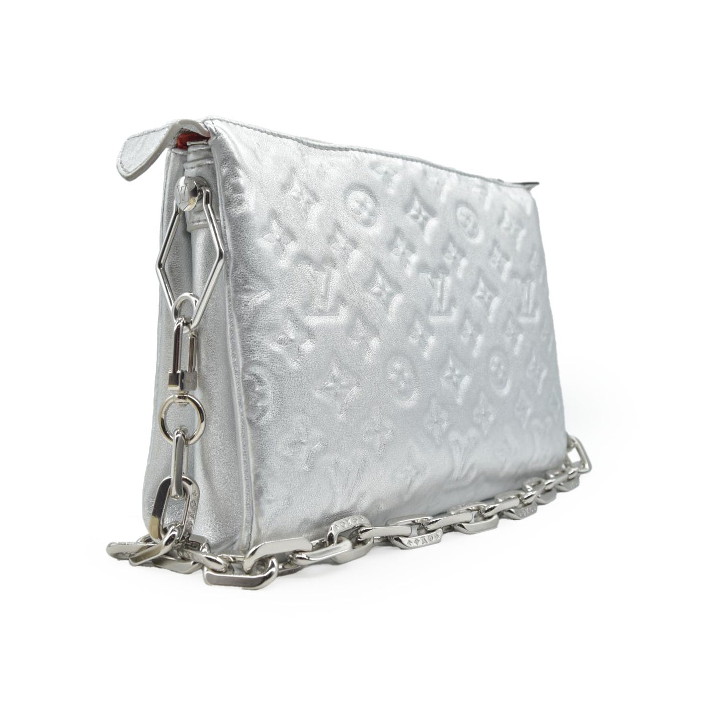 $4800 Louis Vuitton Metallic Lambskin Embossed Monogram Coussin PM Silver