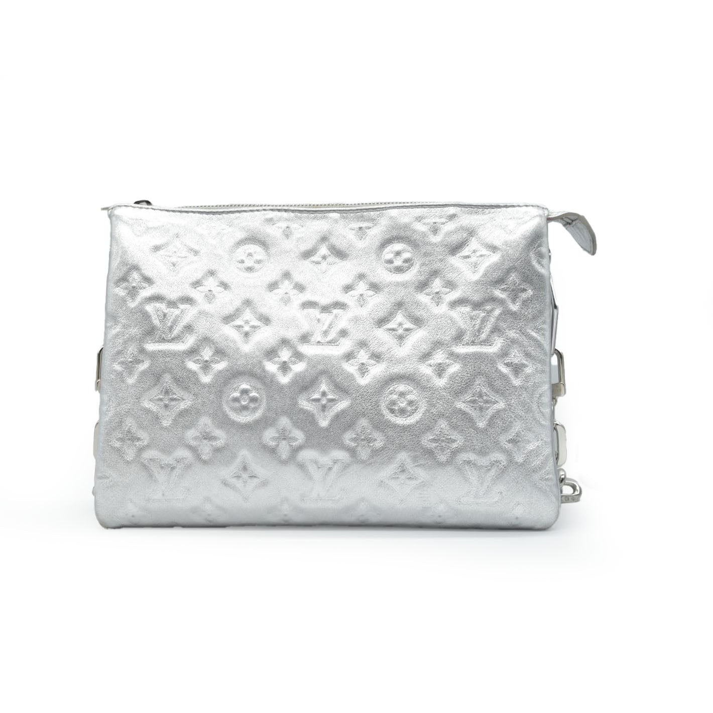 $4800 Louis Vuitton Metallic Lambskin Embossed Monogram Coussin PM Silver