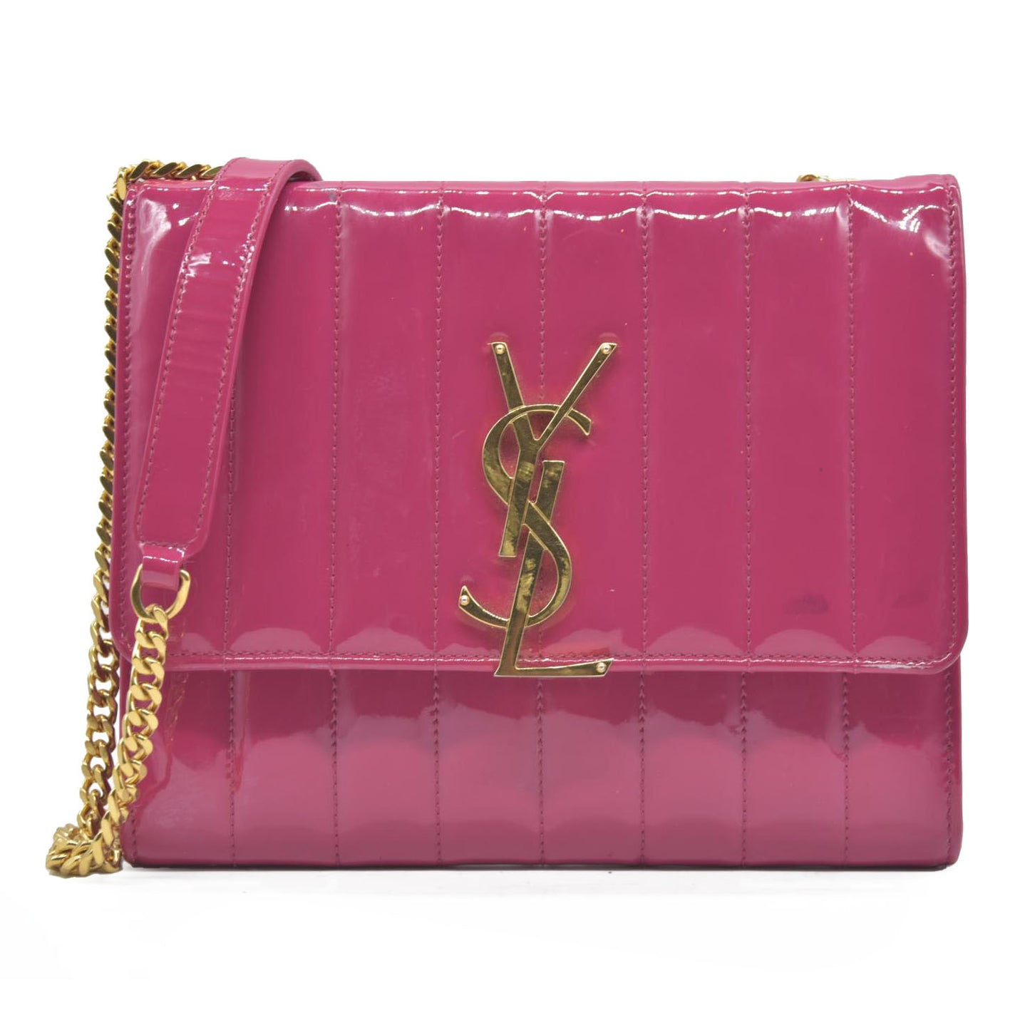 $1750 Saint Laurent Patent Leather Matelasse Monogram Vicky Chain Wallet  Pink