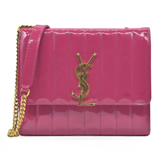 $1750 Saint Laurent Patent Leather Matelasse Monogram Vicky Chain Wallet  Pink
