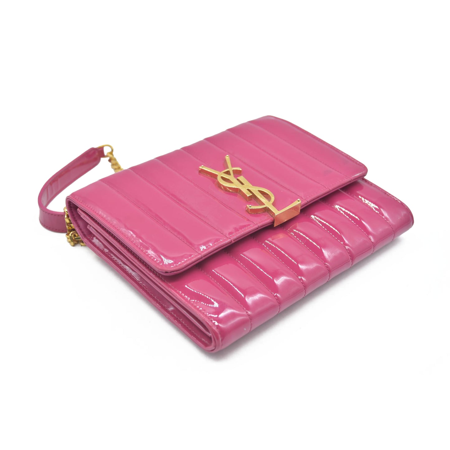 $1750 Saint Laurent Patent Leather Matelasse Monogram Vicky Chain Wallet  Pink