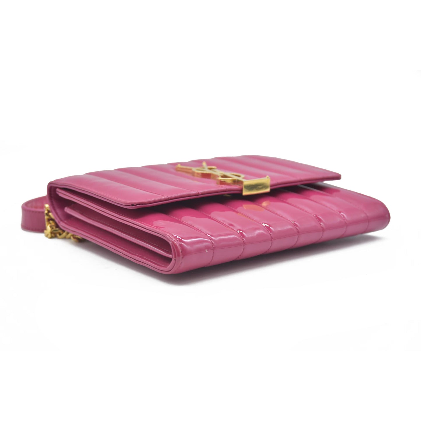 $1750 Saint Laurent Patent Leather Matelasse Monogram Vicky Chain Wallet  Pink