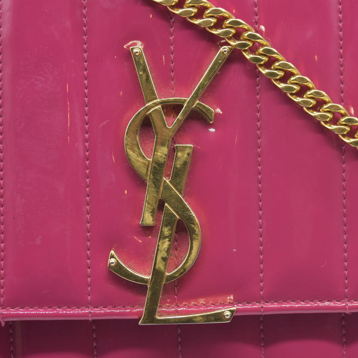 $1750 Saint Laurent Patent Leather Matelasse Monogram Vicky Chain Wallet  Pink