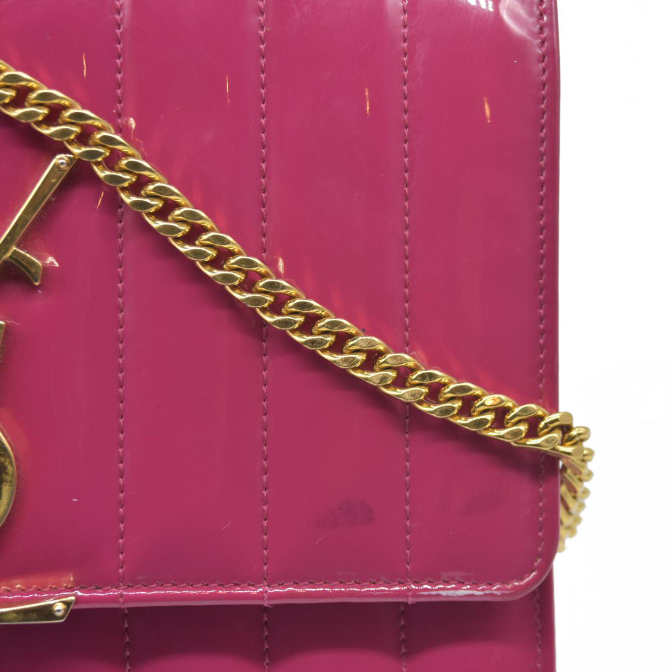 $1750 Saint Laurent Patent Leather Matelasse Monogram Vicky Chain Wallet  Pink