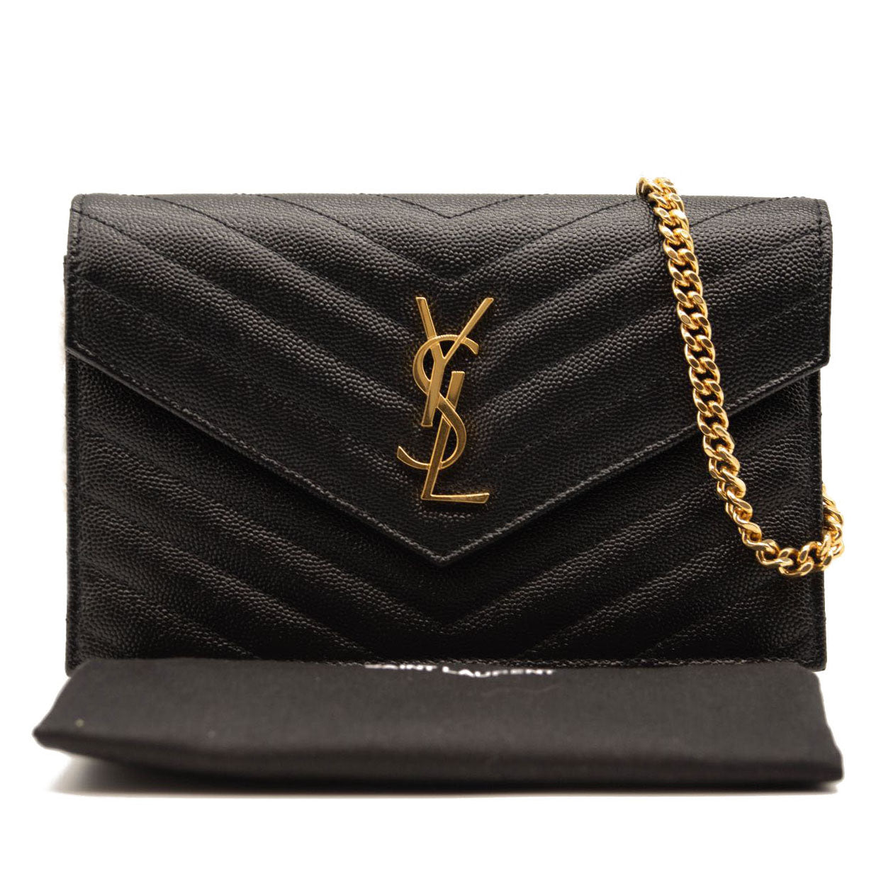 NEW SAINT LAURENT Grain De Poudre Matelasse Chevron Monogram Chain Wallet Black