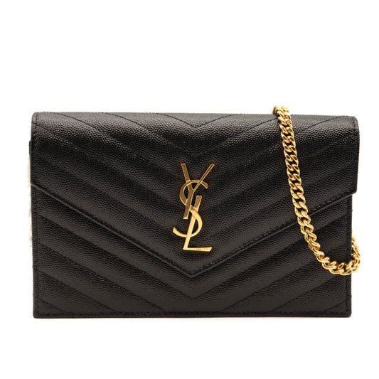 NEW SAINT LAURENT Grain De Poudre Matelasse Chevron Monogram Chain Wallet Black