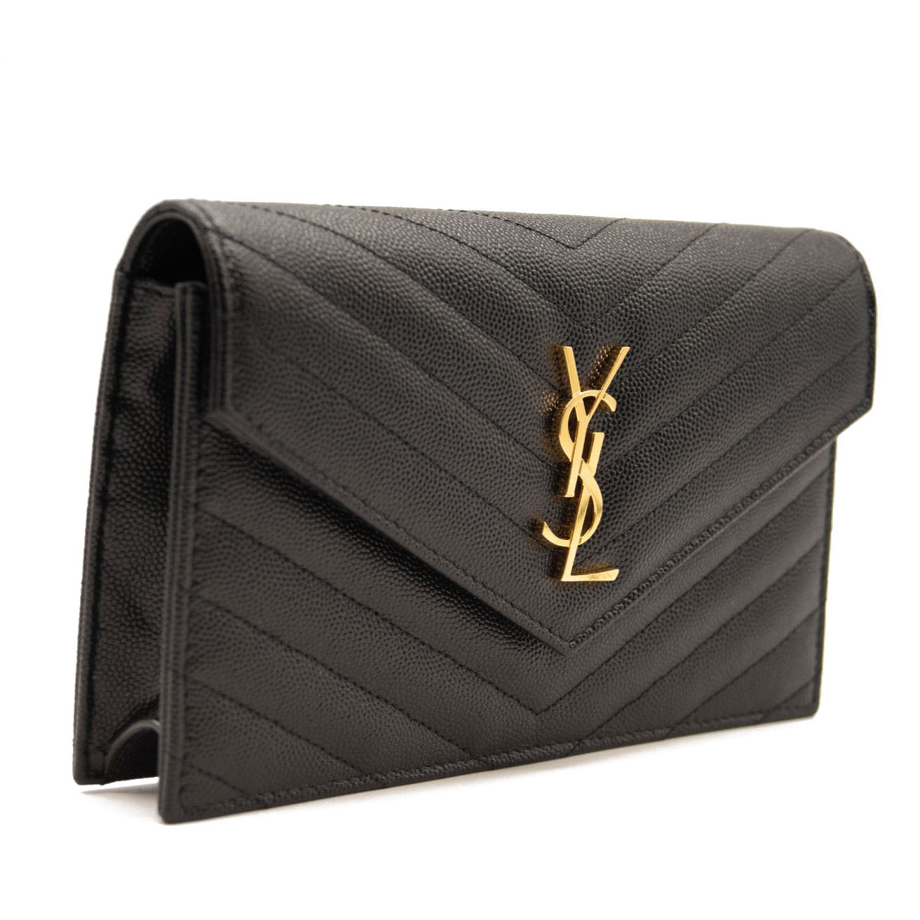 NEW SAINT LAURENT Grain De Poudre Matelasse Chevron Monogram Chain Wallet Black