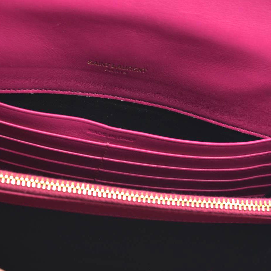 $1750 Saint Laurent Patent Leather Matelasse Monogram Vicky Chain Wallet  Pink