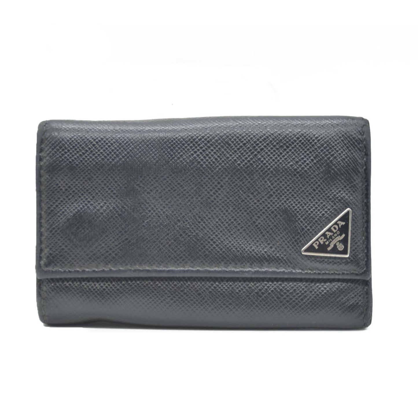 PRADA Logo Plate Saffiano Leather 6 Ring Key Case Black