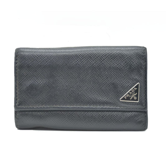 PRADA Logo Plate Saffiano Leather 6 Ring Key Case Black