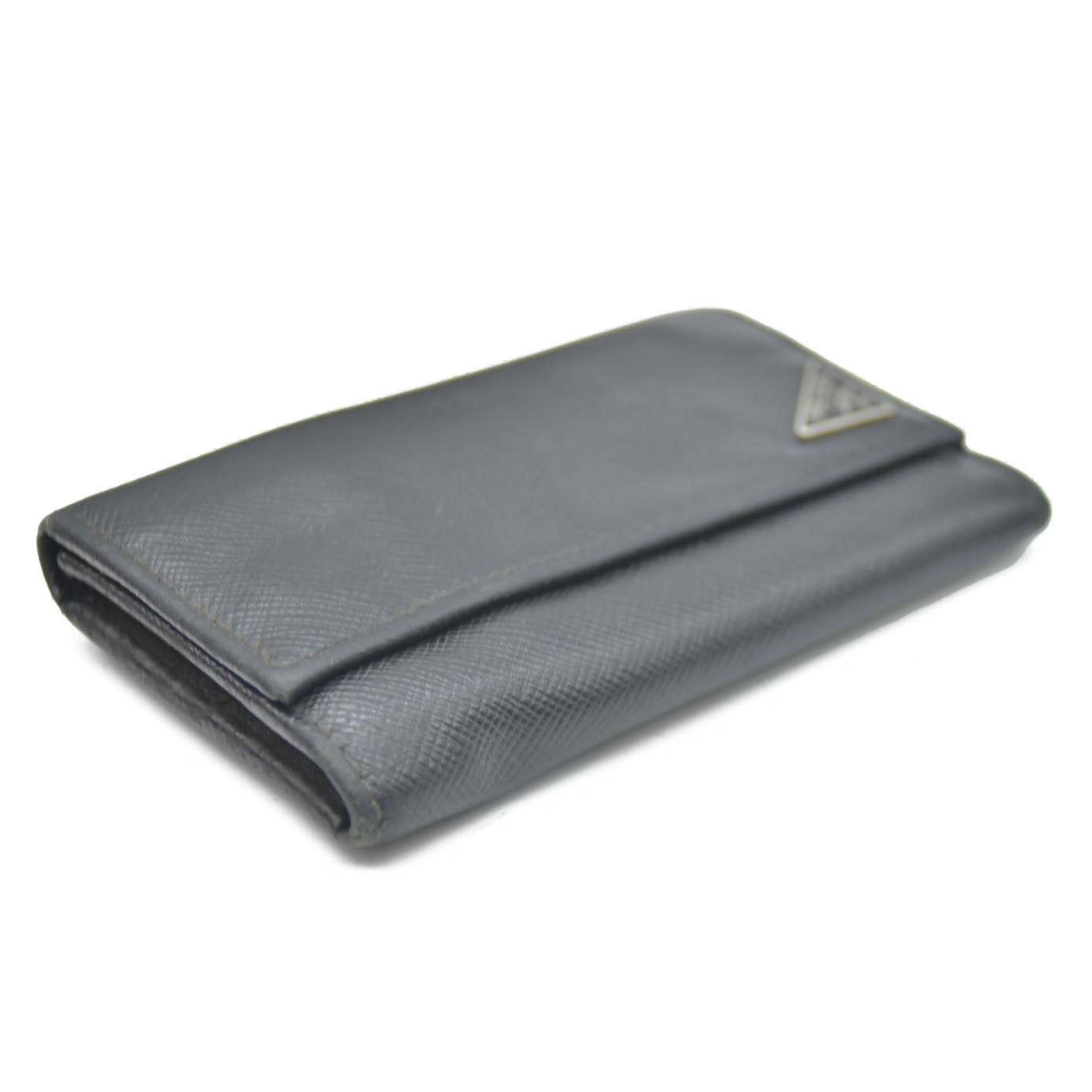 PRADA Logo Plate Saffiano Leather 6 Ring Key Case Black