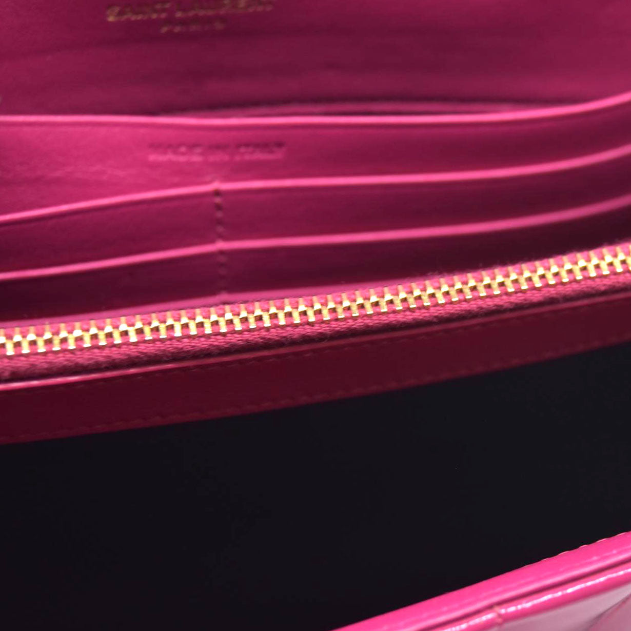 $1750 Saint Laurent Patent Leather Matelasse Monogram Vicky Chain Wallet  Pink