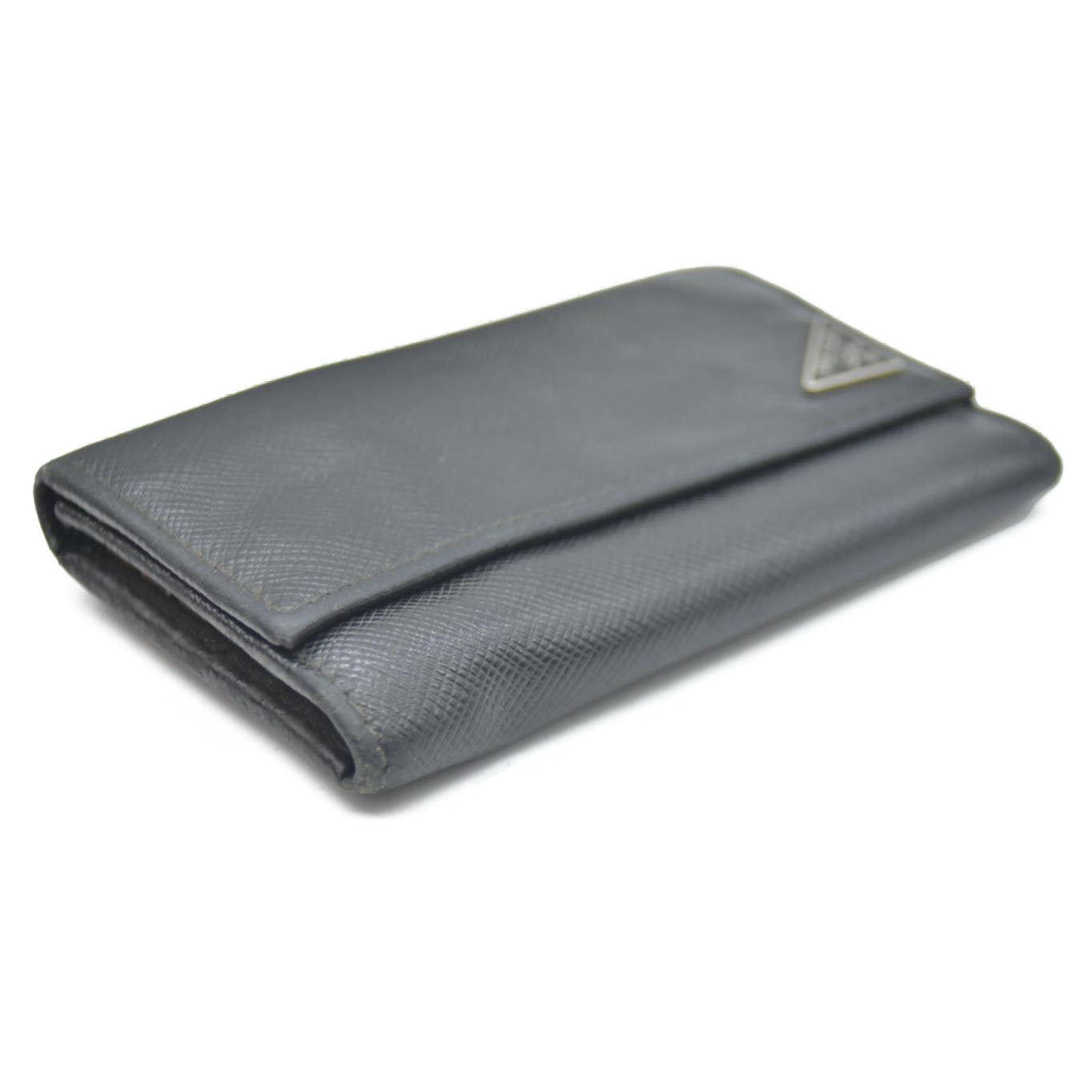 PRADA Logo Plate Saffiano Leather 6 Ring Key Case Black