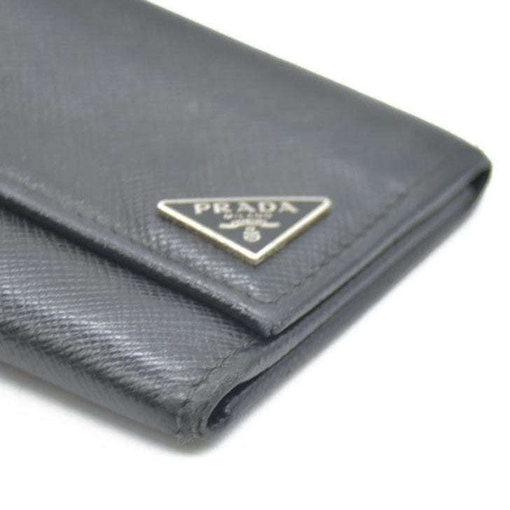 PRADA Logo Plate Saffiano Leather 6 Ring Key Case Black