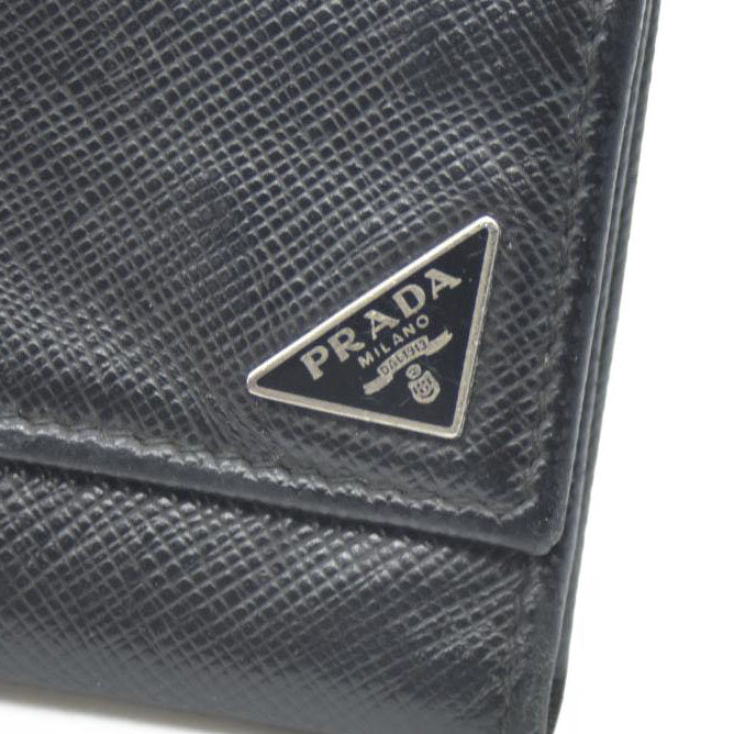 PRADA Logo Plate Saffiano Leather 6 Ring Key Case Black