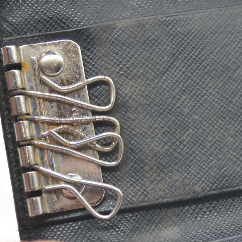 PRADA Logo Plate Saffiano Leather 6 Ring Key Case Black