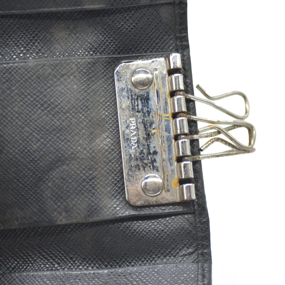 PRADA Logo Plate Saffiano Leather 6 Ring Key Case Black