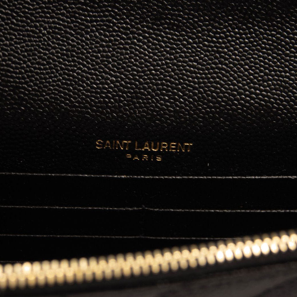 NEW SAINT LAURENT Grain De Poudre Matelasse Chevron Monogram Chain Wallet Black