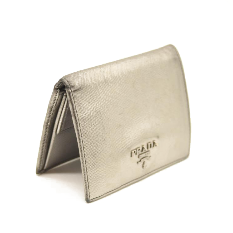 Prada Saffiano Metal Bi-Fold Wallet Metallic Silver