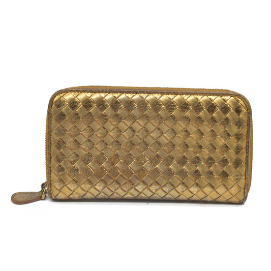 Bottega Veneta Intrecciato Lambskin Zip Around Long Wallet Gold