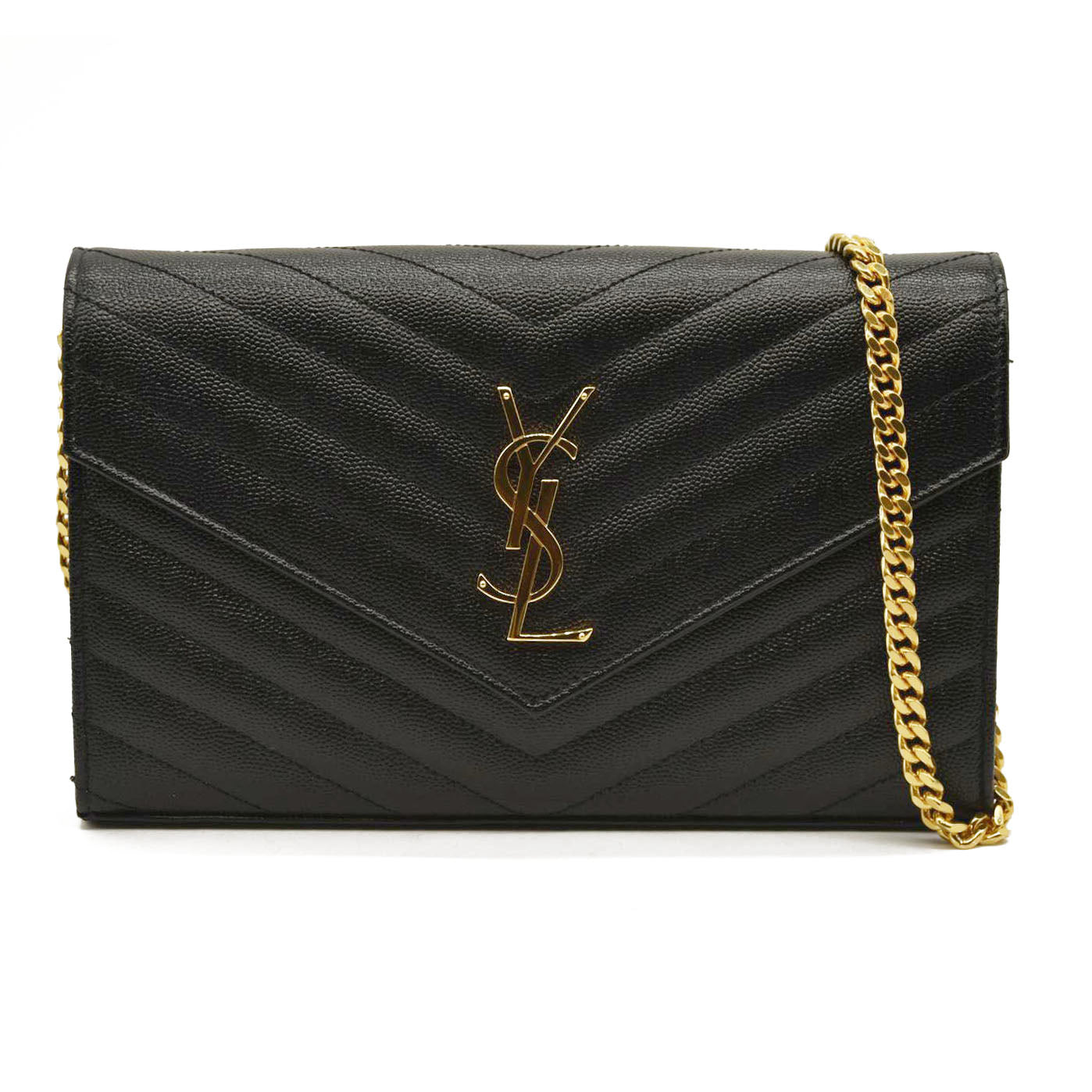 Saint Laurent Chain Wallet  Matelasse Chevron Medium Monogram Chain Wallet Black