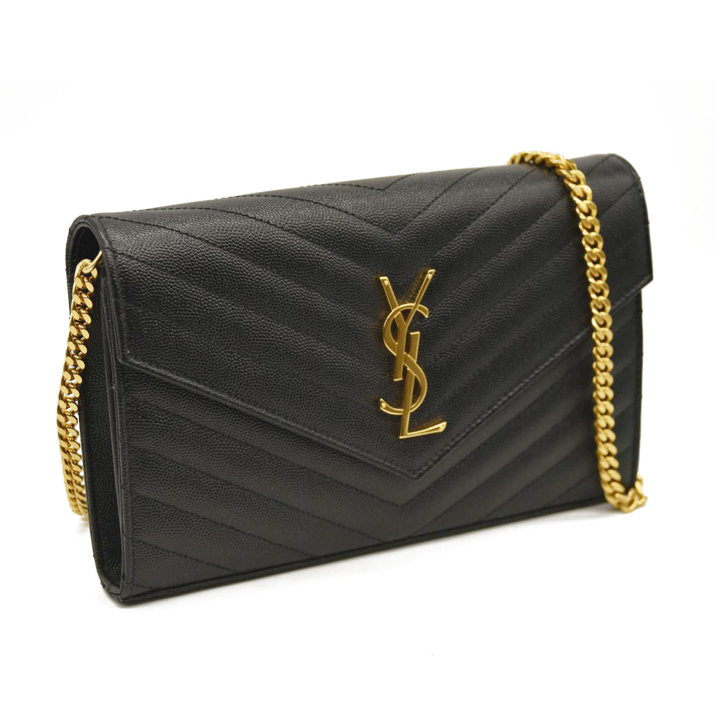 Saint Laurent Chain Wallet  Matelasse Chevron Medium Monogram Chain Wallet Black