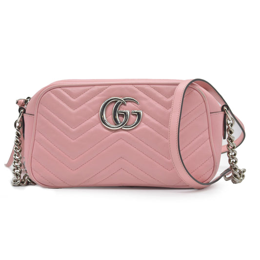 $1950 Gucci Calfskin Matelasse Small GG Marmont Chain Shoulder Bag Wild Rose
