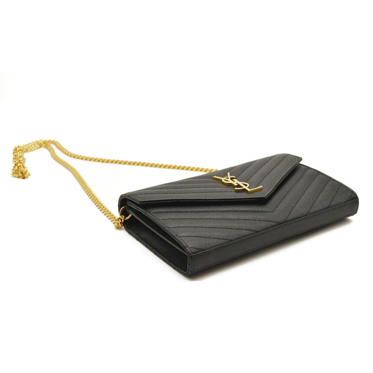 Saint Laurent Chain Wallet  Matelasse Chevron Medium Monogram Chain Wallet Black