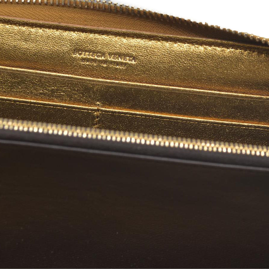 Bottega Veneta Intrecciato Lambskin Zip Around Long Wallet Gold